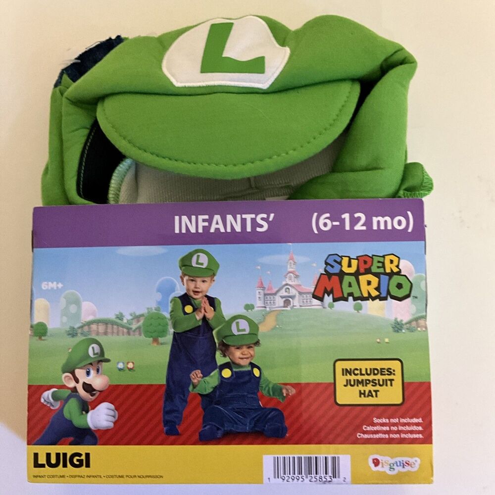 Nintendo Super Mario Luigi Infant Halloween Costume 6-12 mos Jumpsuit and Hat
